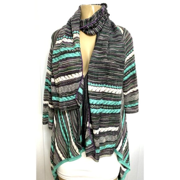 M Missoni Cardigan Sweater Open Draped Metallic Aqua Blue Scarf Striped … - Picture 2 of 9
